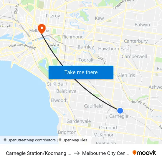 Carnegie Station/Koornang Rd to Melbourne City Centre map