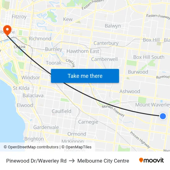 Pinewood Dr/Waverley Rd to Melbourne City Centre map