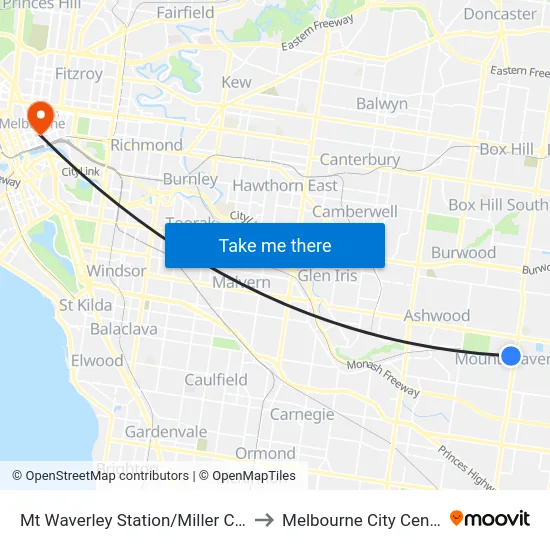 Mt Waverley Station/Miller Cres to Melbourne City Centre map