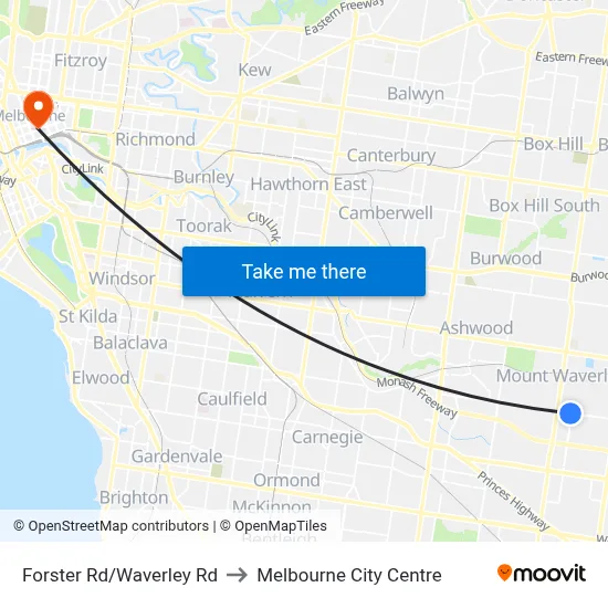 Forster Rd/Waverley Rd to Melbourne City Centre map