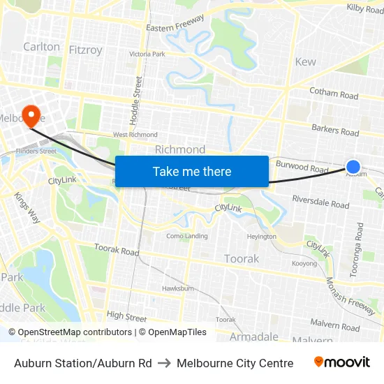 Auburn Station/Auburn Rd to Melbourne City Centre map