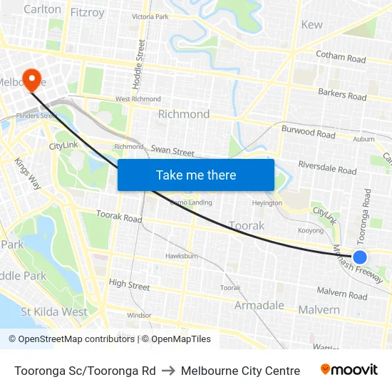Tooronga Sc/Tooronga Rd to Melbourne City Centre map