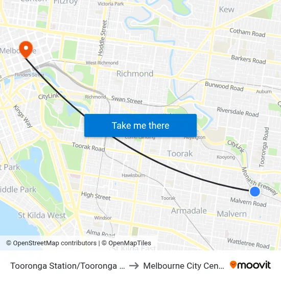 Tooronga Station/Tooronga Rd to Melbourne City Centre map