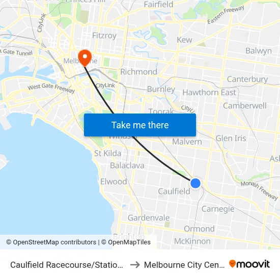 Caulfield Racecourse/Station St to Melbourne City Centre map