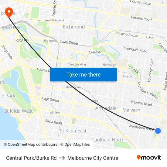 Central Park/Burke Rd to Melbourne City Centre map