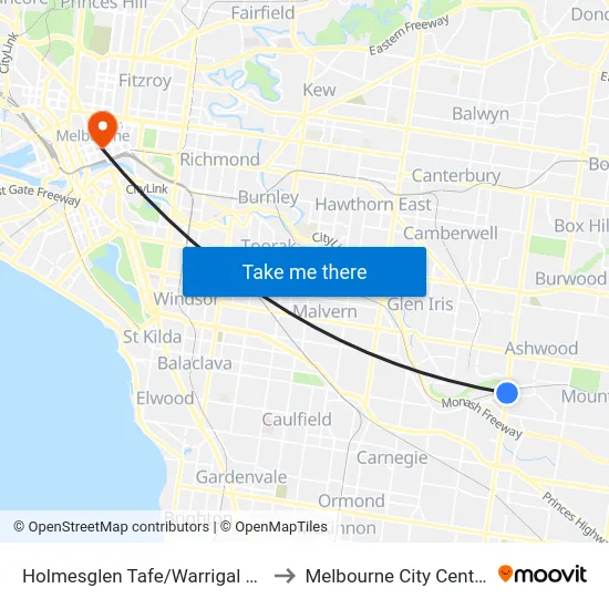 Holmesglen Tafe/Warrigal Rd to Melbourne City Centre map