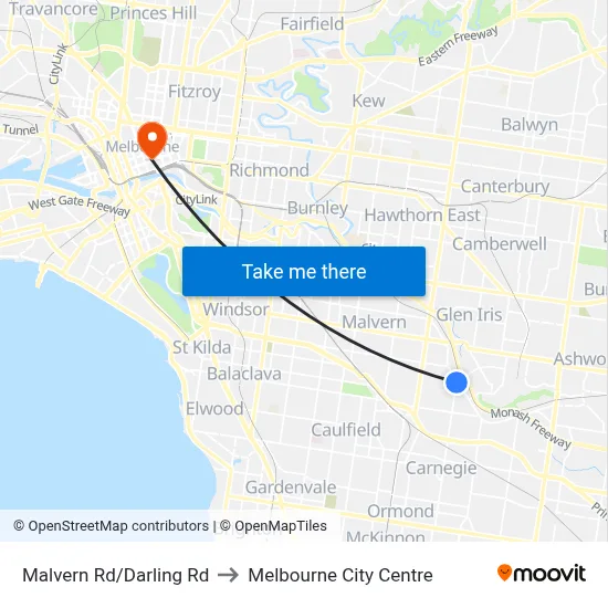 Malvern Rd/Darling Rd to Melbourne City Centre map