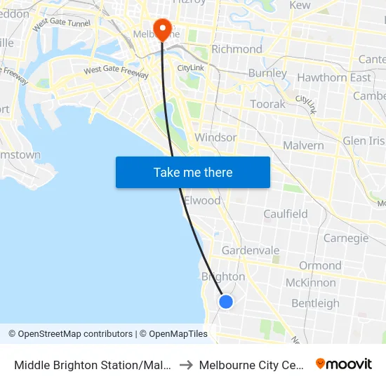 Middle Brighton Station/Male St to Melbourne City Centre map