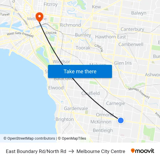 East Boundary Rd/North Rd to Melbourne City Centre map