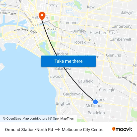 Ormond Station/North Rd to Melbourne City Centre map