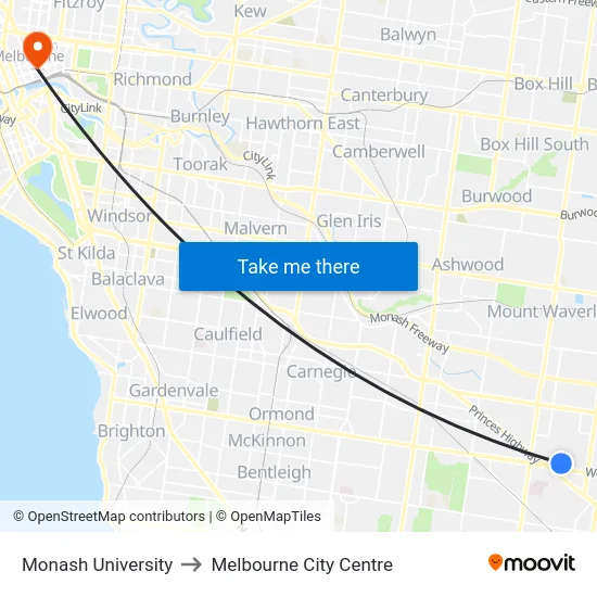 Monash University to Melbourne City Centre map