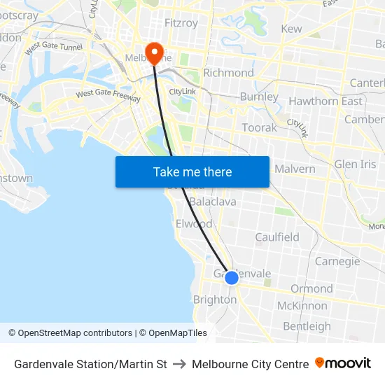 Gardenvale Station/Martin St to Melbourne City Centre map