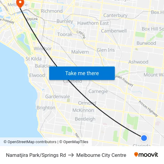 Namatjira Park/Springs Rd to Melbourne City Centre map