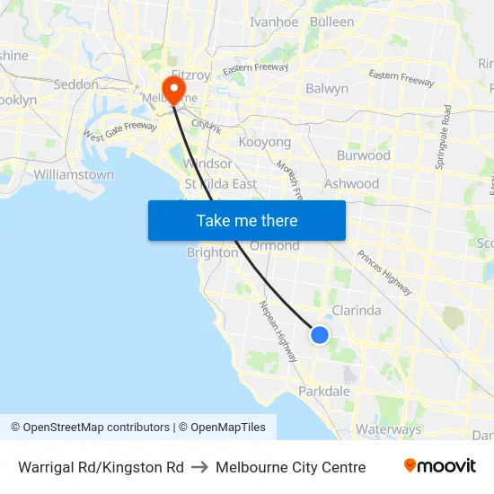 Warrigal Rd/Kingston Rd to Melbourne City Centre map