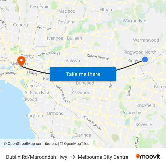 Dublin Rd/Maroondah Hwy to Melbourne City Centre map