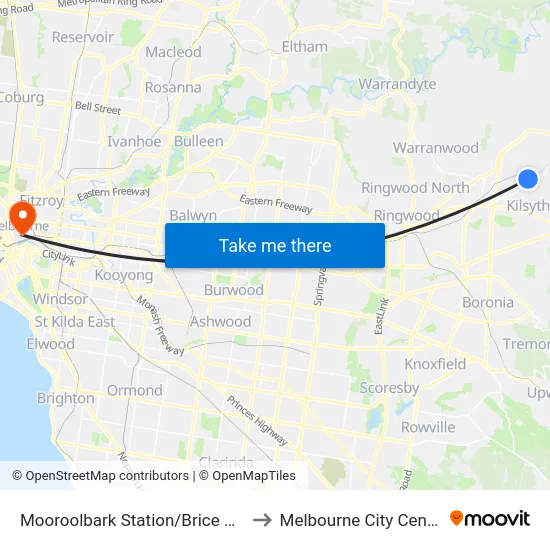 Mooroolbark Station/Brice Ave to Melbourne City Centre map