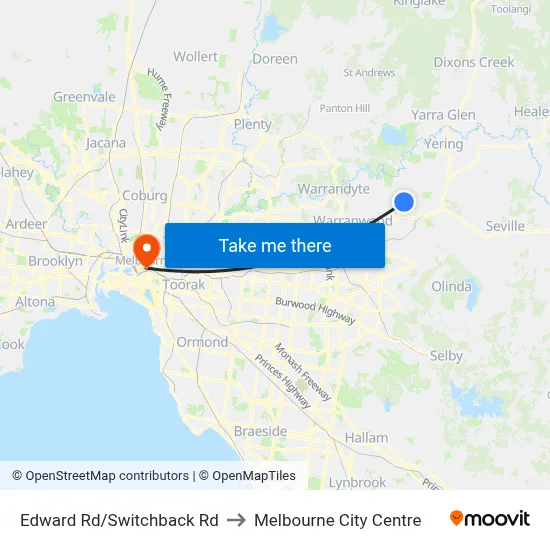 Edward Rd/Switchback Rd to Melbourne City Centre map