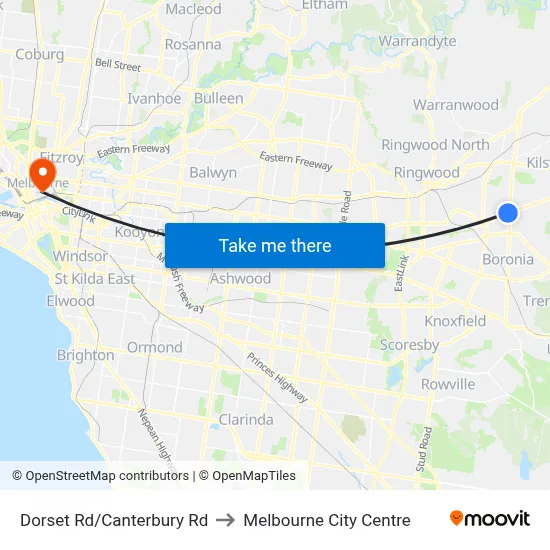 Dorset Rd/Canterbury Rd to Melbourne City Centre map