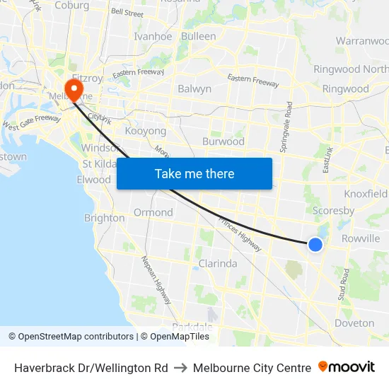 Haverbrack Dr/Wellington Rd to Melbourne City Centre map