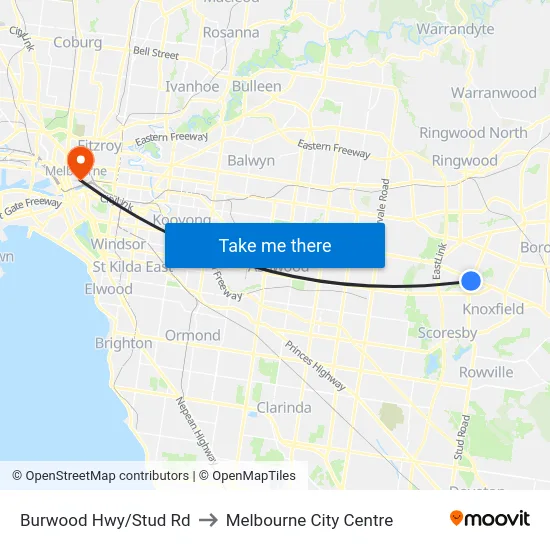 Burwood Hwy/Stud Rd to Melbourne City Centre map