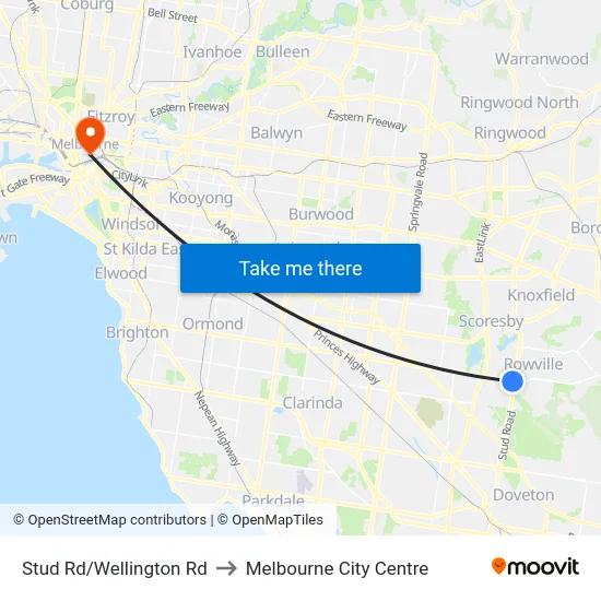 Stud Rd/Wellington Rd to Melbourne City Centre map