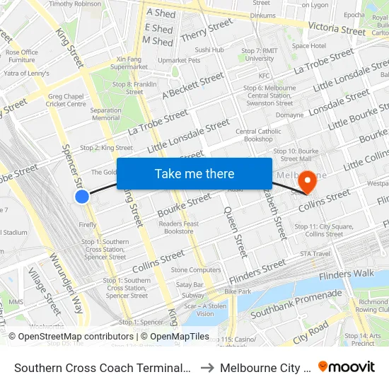 Southern Cross Coach Terminal/Spencer St to Melbourne City Centre map