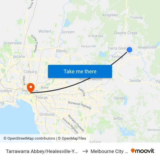 Tarrawarra Abbey/Healesville-Yarra Glen Rd to Melbourne City Centre map