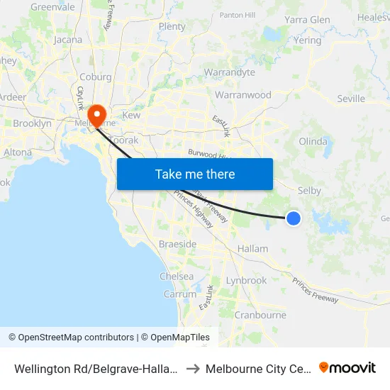 Wellington Rd/Belgrave-Hallam Rd to Melbourne City Centre map