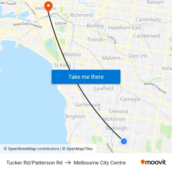 Tucker Rd/Patterson Rd to Melbourne City Centre map
