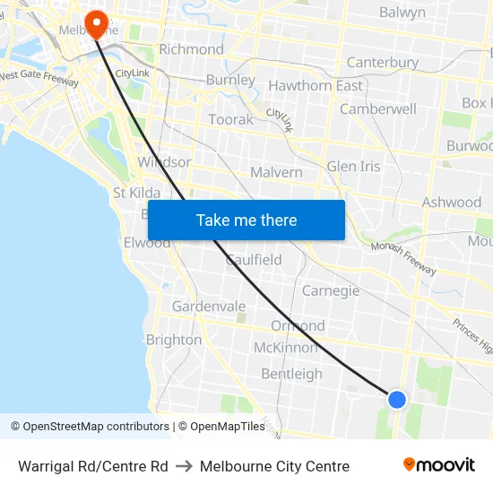 Warrigal Rd/Centre Rd to Melbourne City Centre map