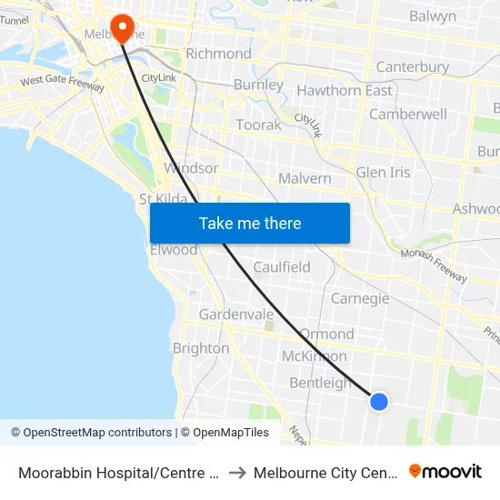Moorabbin Hospital/Centre Rd to Melbourne City Centre map