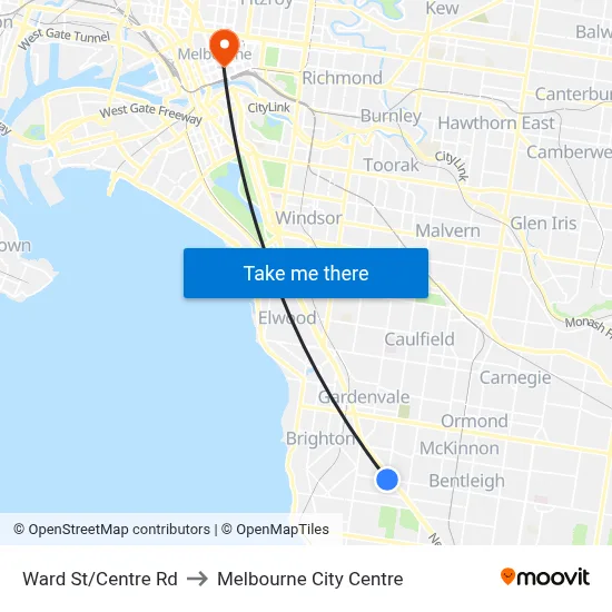 Ward St/Centre Rd to Melbourne City Centre map