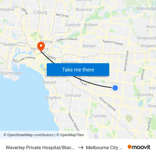 Waverley Private Hospital/Blackburn Rd to Melbourne City Centre map