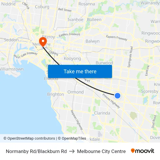 Normanby Rd/Blackburn Rd to Melbourne City Centre map