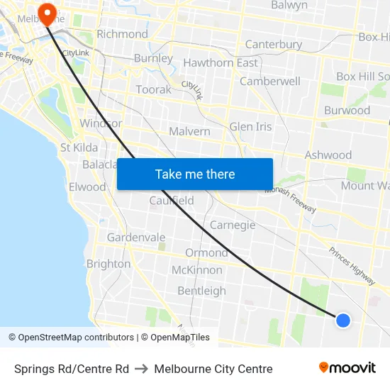 Springs Rd/Centre Rd to Melbourne City Centre map