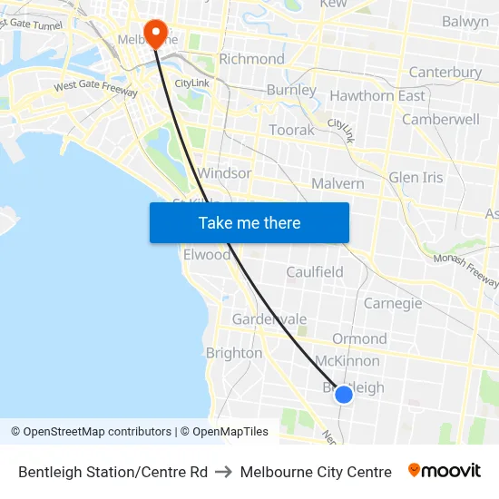 Bentleigh Station/Centre Rd to Melbourne City Centre map