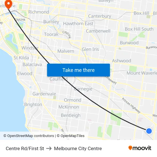Centre Rd/First St to Melbourne City Centre map