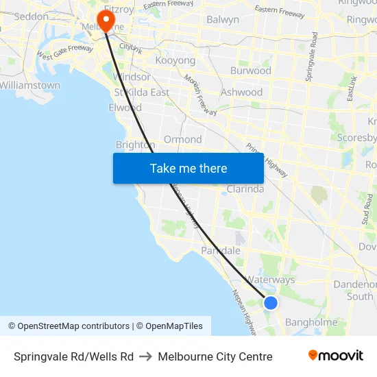 Springvale Rd/Wells Rd to Melbourne City Centre map