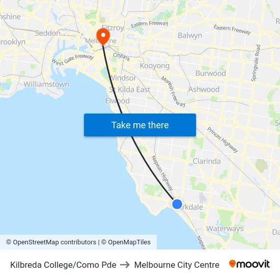 Kilbreda College/Como Pde to Melbourne City Centre map