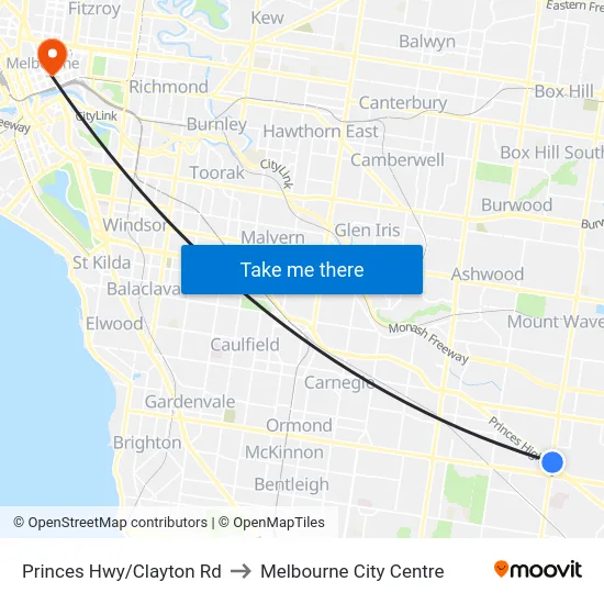 Princes Hwy/Clayton Rd to Melbourne City Centre map