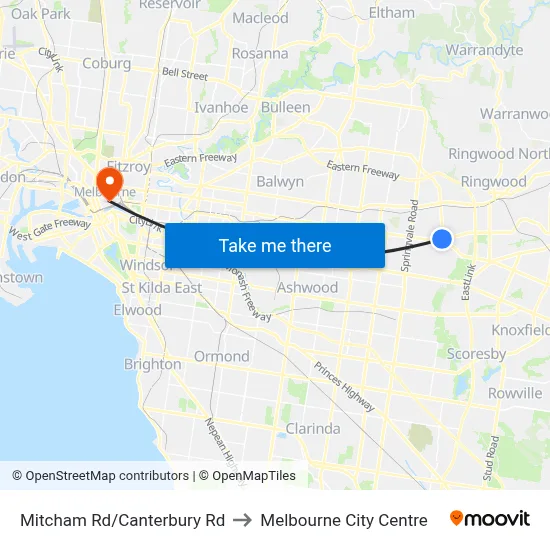 Mitcham Rd/Canterbury Rd to Melbourne City Centre map