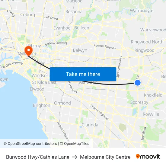 Burwood Hwy/Cathies Lane to Melbourne City Centre map