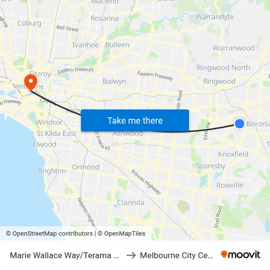 Marie Wallace Way/Terama Cres to Melbourne City Centre map