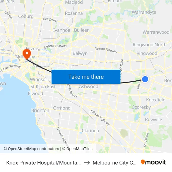 Knox Private Hospital/Mountain Hwy to Melbourne City Centre map