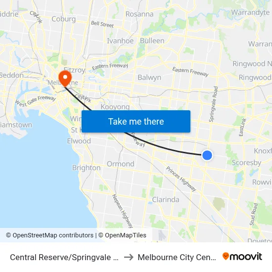 Central Reserve/Springvale Rd to Melbourne City Centre map