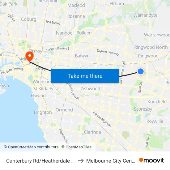 Canterbury Rd/Heatherdale Rd to Melbourne City Centre map