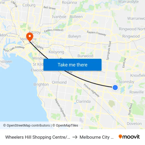 Wheelers Hill Shopping Centre/Jells Rd to Melbourne City Centre map