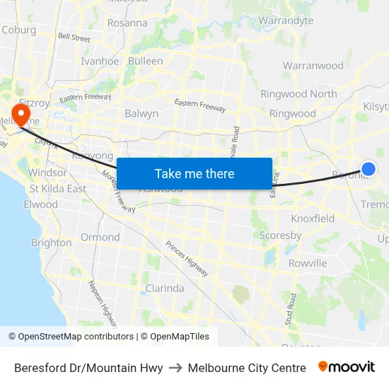 Beresford Dr/Mountain Hwy to Melbourne City Centre map