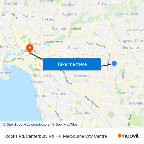 Rooks Rd/Canterbury Rd to Melbourne City Centre map