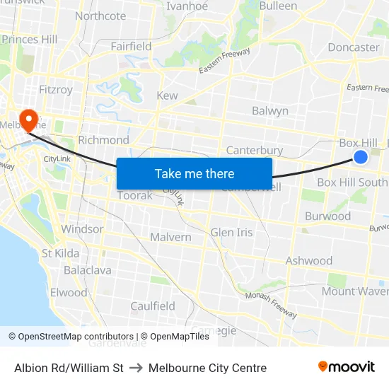 Albion Rd/William St to Melbourne City Centre map